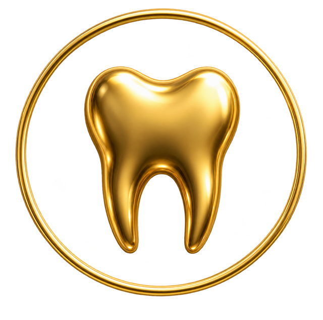 LUXE 32 Dental Clinic emblem — a gold tooth in a gold ring